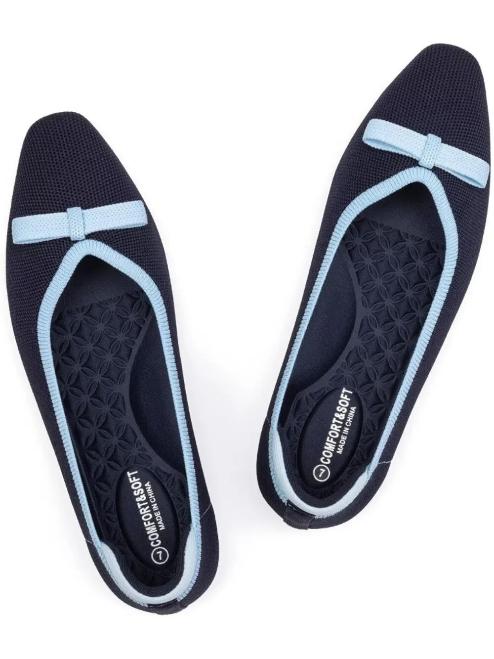 Frank Mully Women's Navy Blue Rubber Knit Squared Toe Bow Slip On Ballet Flats